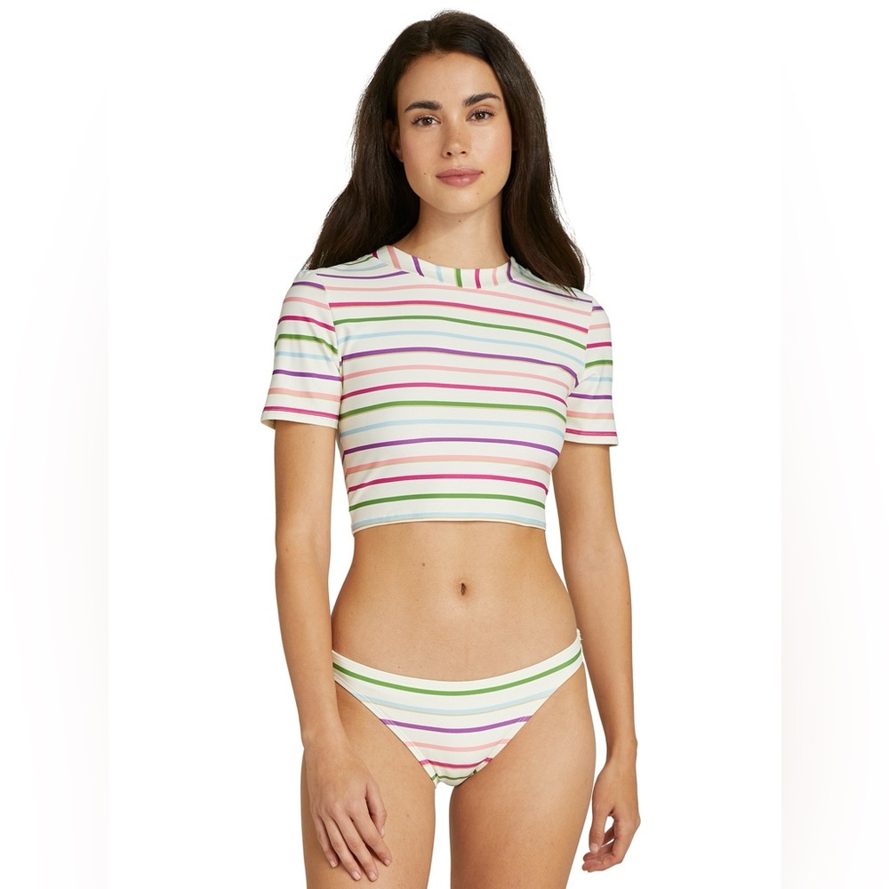 NWT Kate Spade Short Sleeve Rashguard Bikini Top and Bottom- Party Stripe Large